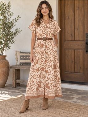 Lark + Grey L Cream Tan Botanical Button Front Maxi Dress Boho